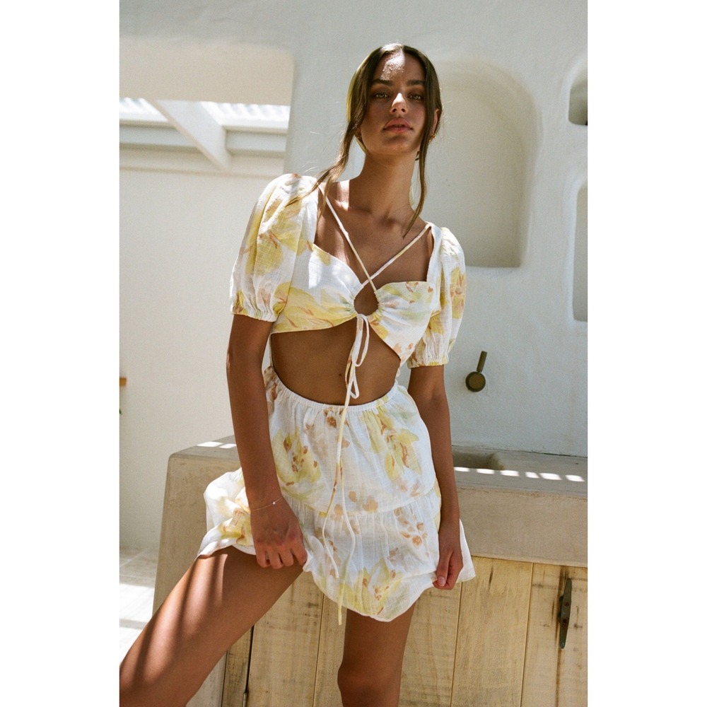 SABO Aquaria Tie Neck Keyhole Cutout Puff Sleeve Mini Dress - Yellow Bouquet - 6